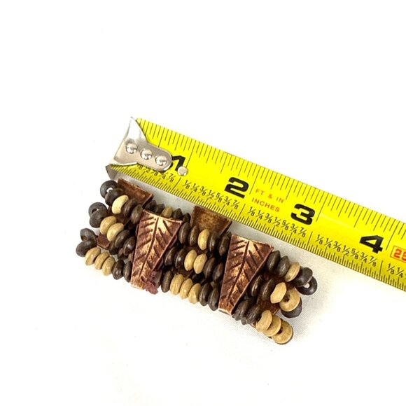 Tribal Style Stretch Bracelet Carved Wood Beads Natural Earth Tone Boho Chunky - Picture 6 of 7